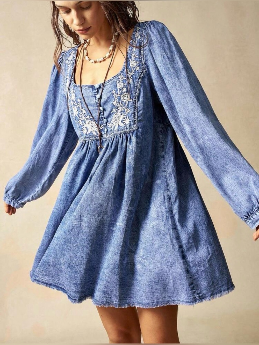 SHEIN Bohemian Blue Embroidered Loose Embroidered Square-Neck Swing Dress medium
